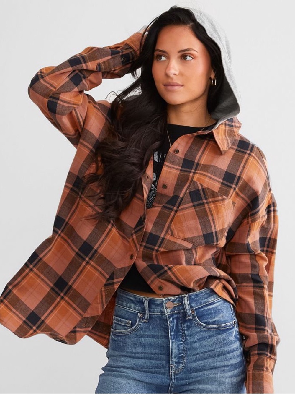 BKE Hooded Boyfriend Flannel Shirt, size Small